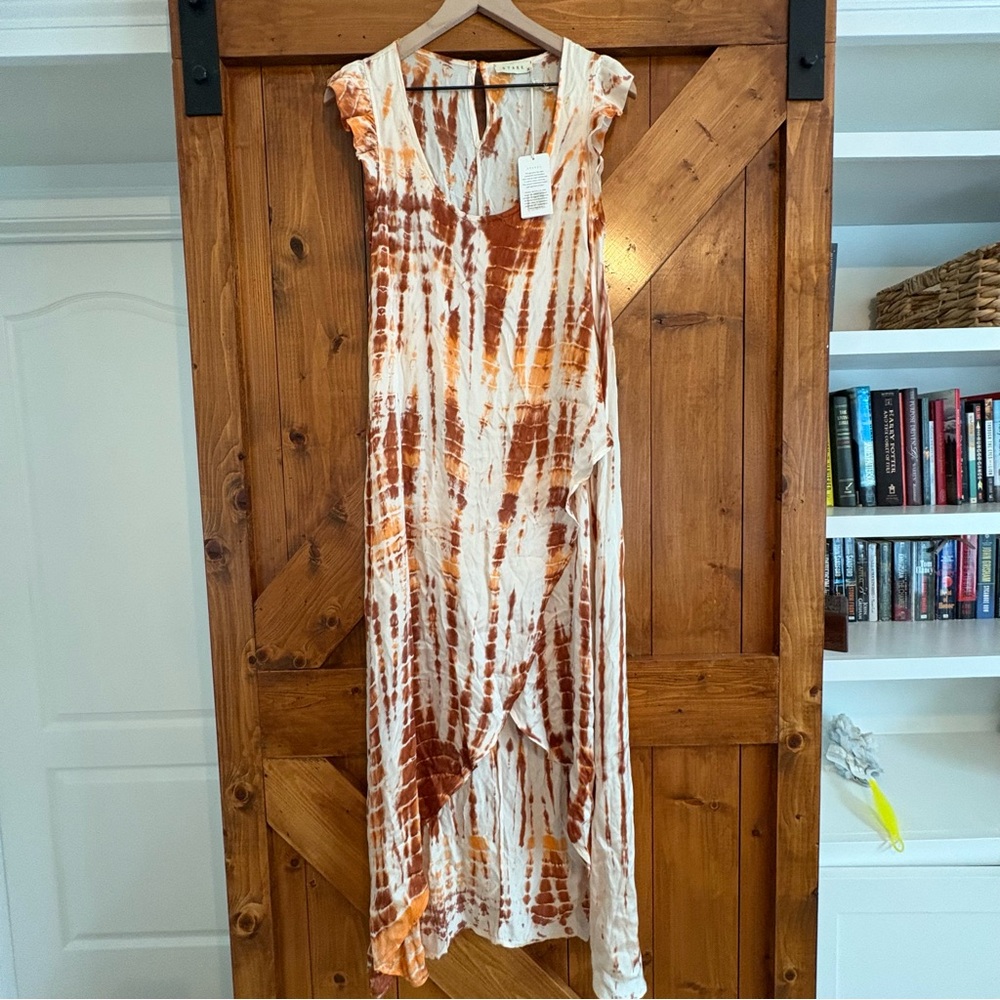 NWT Stark X Small Brown Cream Tie Dye Ruffle Sleeve Maxi Dress